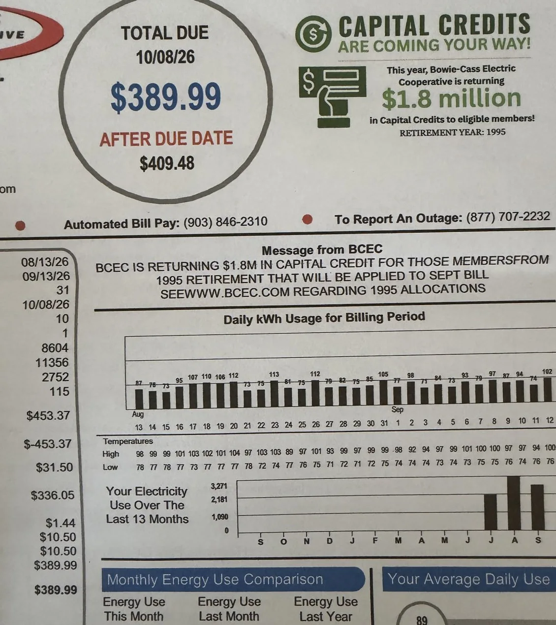 Following electric bill showing 2,752 kWh and $389.99