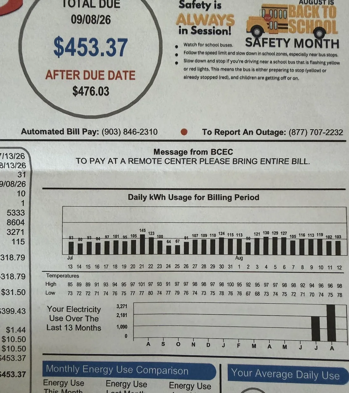Earlier electric bill showing 3,271 kWh and $453.37