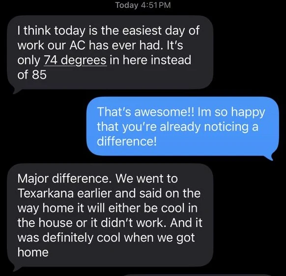 Emily’s actual text saying her home was 74 degrees rather than 85 and that it felt much cooler